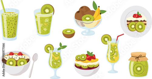 Kiwi Fruit Drinks and Dessert Illustration Set Featuring Smoothies, Juices, Ice Cream, Cakes, and Fresh Healthy Treats for Cafe Menu and Food Design