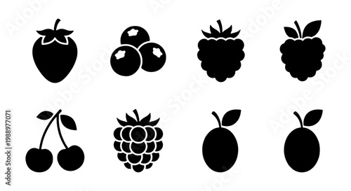 Minimalist berry icon set, black fruit silhouettes, 8 organic food vector elements