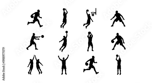 Basketball player silhouettes set, 12 athlete icons, sports action vector graphics