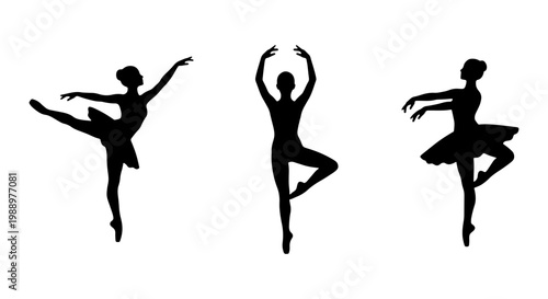 Graceful ballerina silhouettes, set of 3 ballet dancer vectors, elegant dance poses