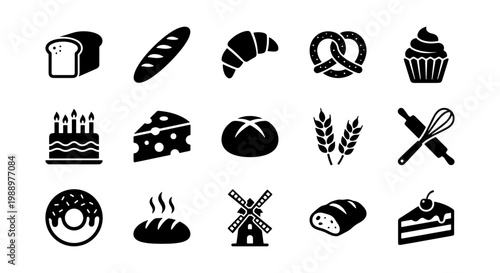 Bakery icon set, 15 bread and pastry vector symbols, black bakery shop silhouettes