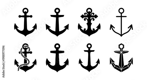 Nautical anchor icons set, 8 black marine vector elements, vintage sea sailing symbols