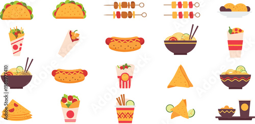 Mexican street food icons set, tacos burritos nachos and traditional cuisine collection, colorful flat vector illustration of fast food meals and snacks