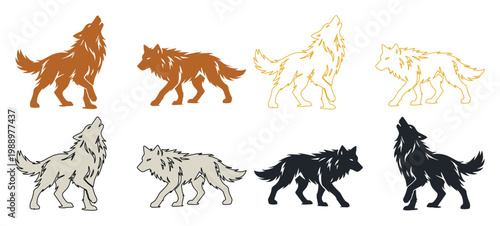 Set of 8 Stylized Howling and Walking Wolf Vector Illustrations