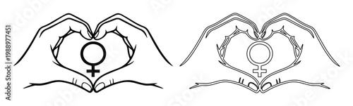 Hands forming heart shape with female gender symbol outline vector