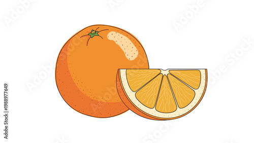 Vibrant illustration featuring a whole ripe orange alongside a perfectly cut slice, showcasing the juicy pulp and segmented structure.
