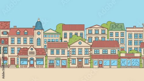Vibrant seamless illustration of a charming city street, lined with an array of colorful buildings and storefronts under a clear blue sky.