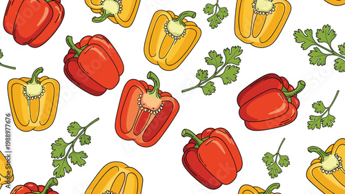 Colorful seamless pattern featuring a lively mix of red and yellow bell peppers, both whole and halved, interspersed with fresh green parsley.