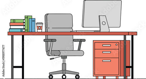 Modern Office Workspace Illustration with Desk Computer Chair Drawer and Books for Home Office Setup Productivity and Minimal Work Environment Design