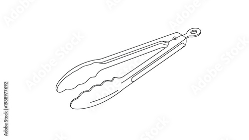 Simple line art illustration of kitchen tongs with ergonomic grips, a versatile tool for cooking and serving food.