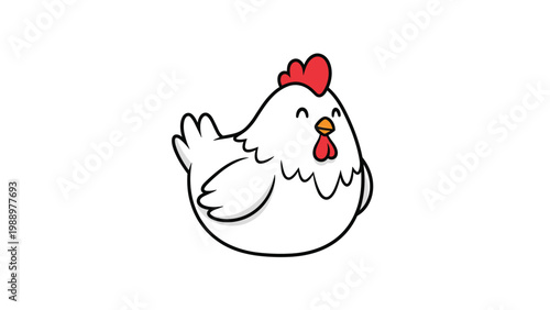 Adorable cartoon illustration of a plump, happy white chicken with a red comb and wattle, portrayed in a cute, friendly style.