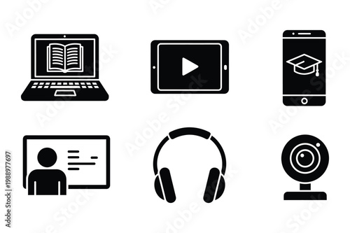 Online learning devices and tools icons set for remote education with e learning