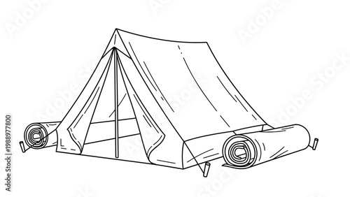 Detailed line art drawing of a classic A-frame camping tent with a front opening, flanked by two rolled sleeping bags, ready for an outdoor adventure.