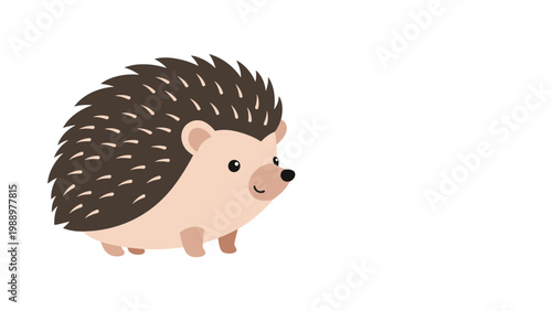 Adorable cartoon illustration of a small, cute hedgehog with brown and cream colors and a friendly smile, walking from left to right on a white background.