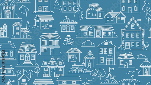 Seamless pattern depicting a charming neighborhood of various outlined houses and trees in a whimsical, doodle style, all against a solid blue background.