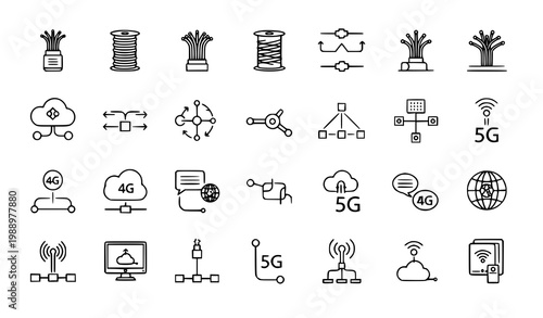 Optical fiber and network icons set – 4G 5G internet connection vector