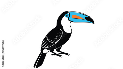 Vibrant cartoon illustration of a toucan with black plumage, a white chest, and a large, colorful orange and blue beak, standing gracefully.