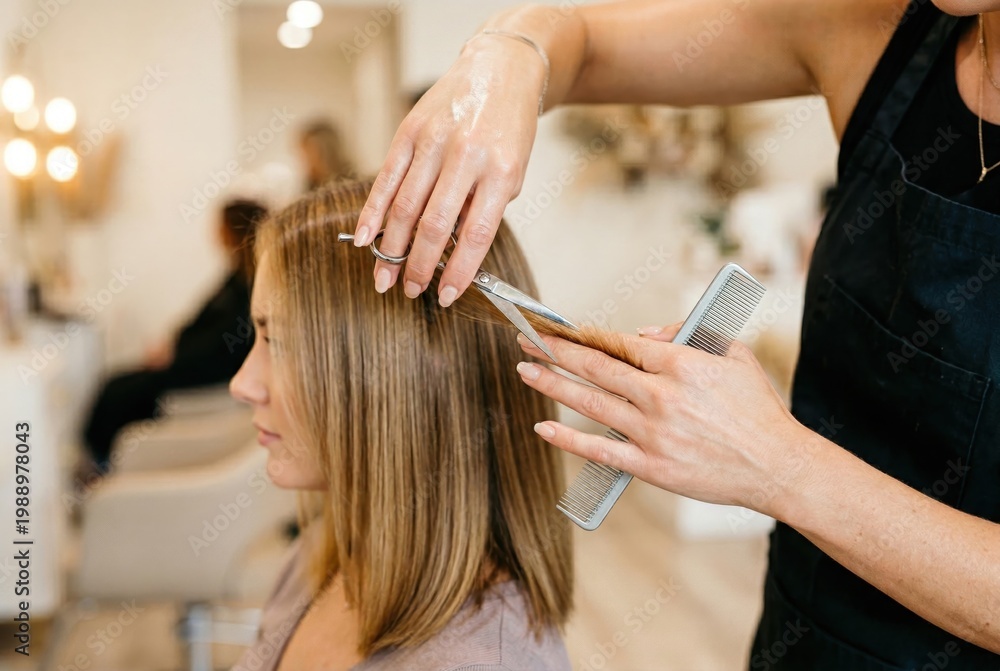 Fototapeta premium Hairdresser cutting long blonde hair with scissors and comb