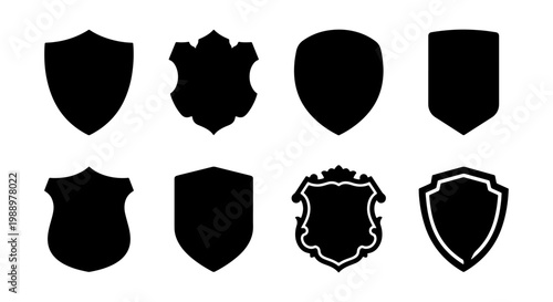Heraldic shield silhouettes, 8 black security crest icons, medieval armor badge vector