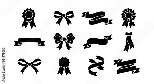 Black ribbon silhouettes, decorative bow icons, 12 award medal vector elements