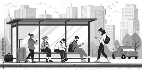 Passengers using mobile phones at a bus station with city background modern life daily life public transport street light line art black and white public space transport hub mobile phone