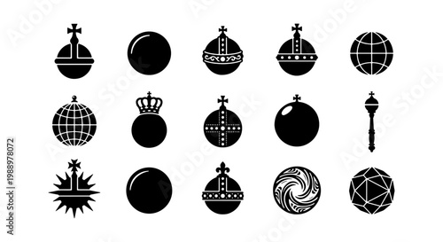 Royal globus cruciger icons, 15 sovereign orb vector elements, monarch regalia symbols