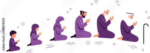 Muslim Prayer Sequence Illustration Showing Steps of Salah with Worshippers Performing Islamic Prayer Positions in Spiritual Flat Vector Style