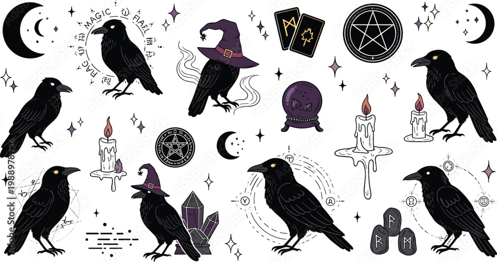 Fototapeta premium Mystical raven and witchcraft elements vector set with black crows, candles, moon phases, crystals, pentagram and gothic occult magic symbols