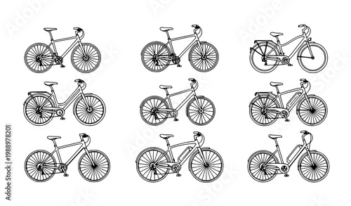 Monochrome bicycle set – sport, city and electric bikes vector collection