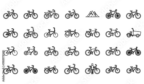 Bicycle types line icon set – 20 outline vector cycling symbols