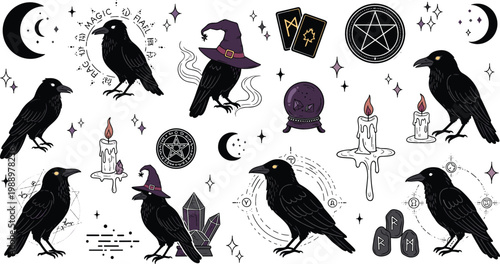 Mystical raven and witchcraft elements vector set with black crows, candles, moon phases, crystals, pentagram and gothic occult magic symbols