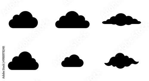 Minimalist cloud silhouette icons, set of 6 black weather symbols, flat vector elements