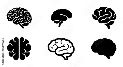 Human brain icons set, 6 black silhouette brain symbols, medical vector illustrations