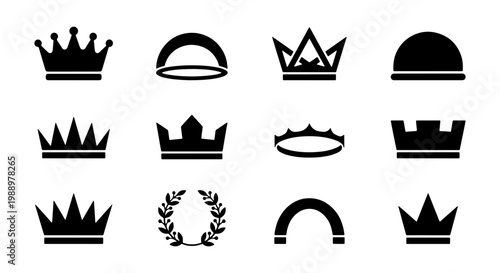 Royal crown icons set, black king and queen headwear, 12 heraldic vector symbols