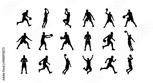 Basketball player silhouettes, 18 athlete action poses, sports vector set for design