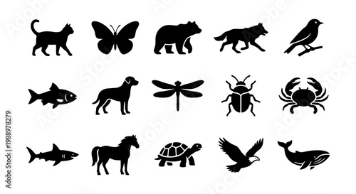 Black animal silhouettes, 15 wildlife icons set, minimalist nature vector graphics