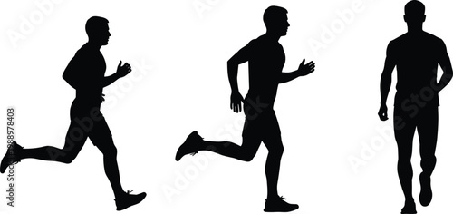 Running man silhouettes set, jogging athlete collection, fitness training action poses, isolated black figures, sport activity concept, marathon runner, healthy lifestyle illustration design