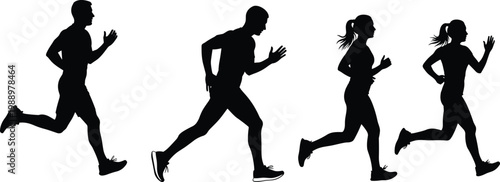 Running men and women silhouettes set, jogging athletes collection, fitness training action poses, isolated black figures, sport activity concept, healthy lifestyle illustration design