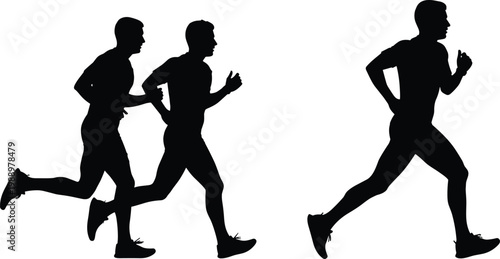 Running men silhouettes set, jogging athletes collection, fitness training action poses, marathon runners, isolated black figures, sport activity concept, healthy lifestyle illustration design