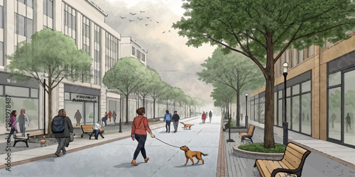 Woman walking a dog on a leash down a tree-lined city street with flat design public space daily life sidewalk buildings architecture neighborhood lifestyle activity exercise illustration