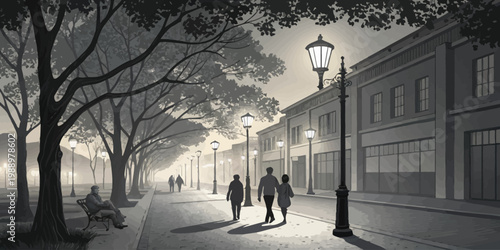 Evening stroll in a tree-lined city street with vintage streetlights and people walking evening light trees lining street couple walking seated man streetlights sidewalk neighborhood buildings
