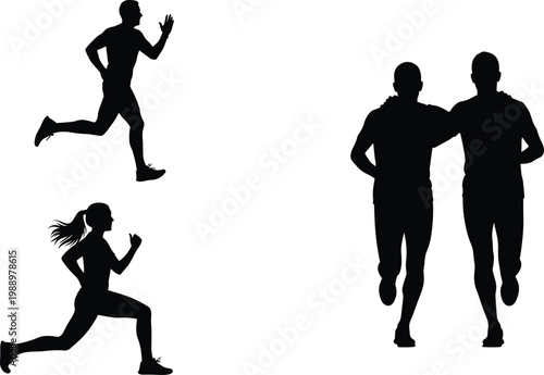 Running people silhouettes set, men and women jogging athletes, fitness training poses, teamwork runners, isolated black figures, sport activity concept, healthy lifestyle illustration