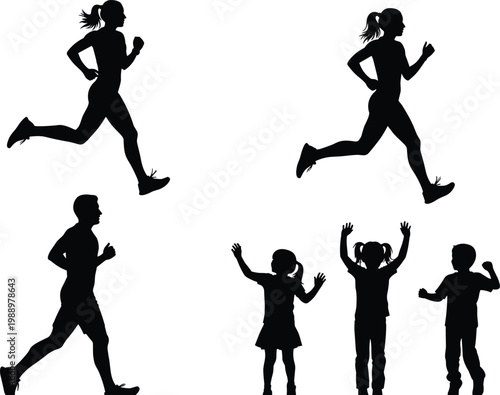 Running woman and children silhouettes set, jogging female athlete collection, kids jumping playful poses, fitness activity concept, isolated black figures, healthy lifestyle illustration