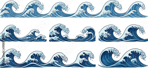 Ocean wave collection in Japanese style featuring dynamic water splashes and curling sea waves, detailed blue vector illustrations for marine design and backgrounds