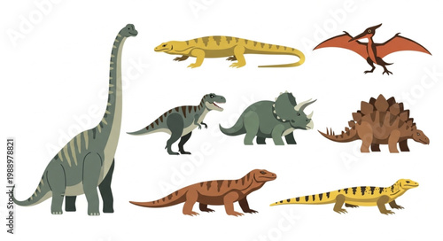 Collection of diverse prehistoric dinosaurs and reptiles illustration.