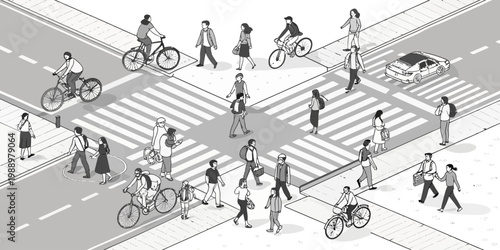 A black and white vector illustration of people walking and cycling across a city street intersection