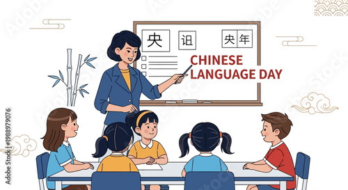 A vector illustration depicts a teacher pointing to a whiteboard displaying Chinese characters for Chinese Language Day in a classroom setting, surrounded by attentive children