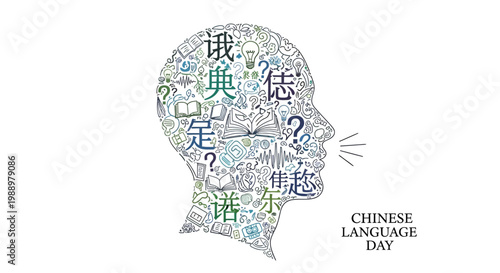 Stylized vector illustration for Chinese Language Day featuring a human head silhouette filled with hand-drawn Chinese characters and linguistic icons against a clean white background