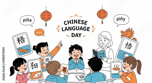 A cheerful group of children learning Mandarin in a classroom setting, with a teacher and Chinese calligraphy art, presented in a bright, clean vector illustration celebrating Chinese