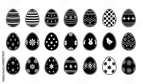 A set of black and white Easter eggs with various designs and patterns